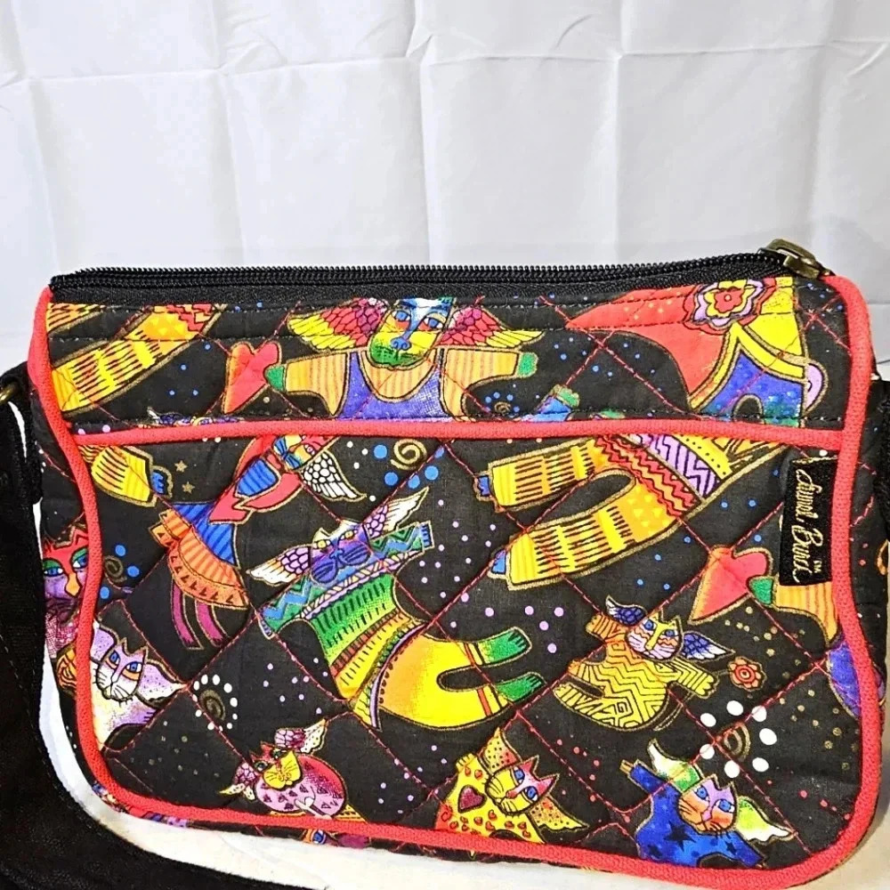 Laurel Burch Flying Cats Multicolored Quilted Top‎ Zip Adjustable Strap Bag